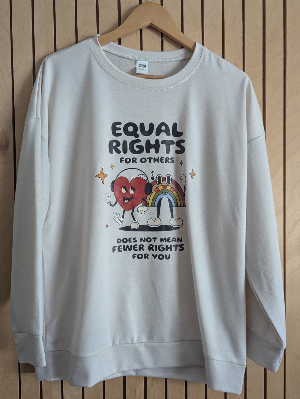 Equal Rights Graphic Sweatshirt - Cream with Rainbow Heart Print L